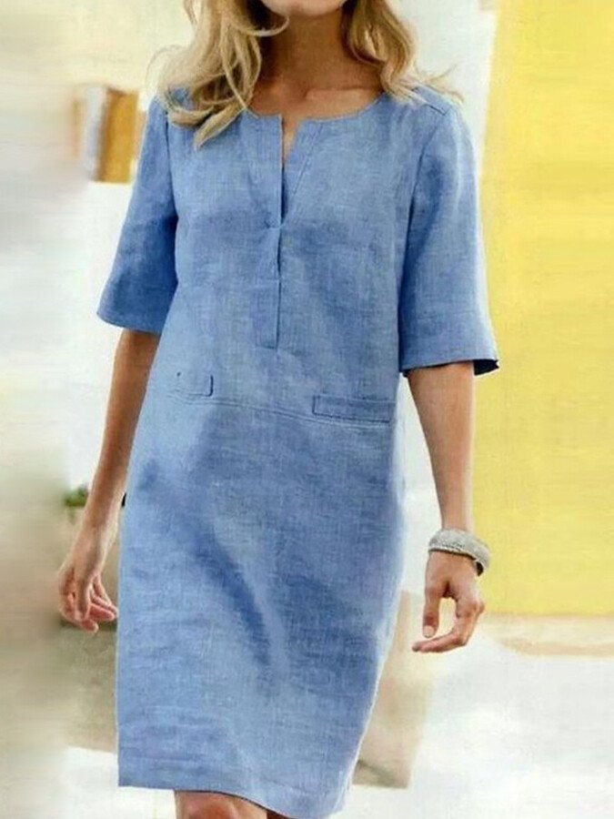 Women's Shift Dress - Linen Blend - Short Sleeve - Relaxed Fit - Knee Length - Pockets