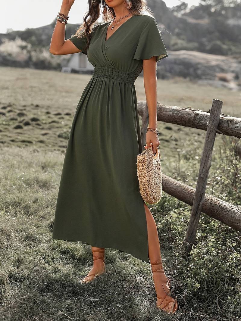Women’s Midi Dress – V-Neck Wrap – Relaxed A-Line Fit – Short Sleeve – Breathable Blend