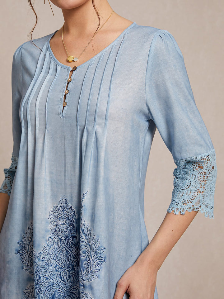 Women's A-Line Dress - V-Neck Button Front - 3/4 Sleeves Lace Detail - Embroidered Hem
