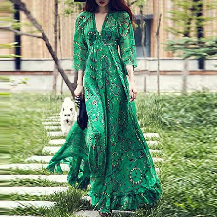 Women's Maxi Dress - Flowing Relaxed Fit - V-Neck - Three-Quarter Sleeve - Patterned