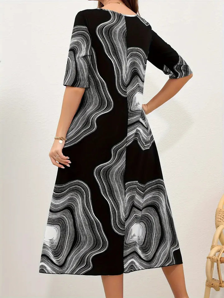 Women's Midi Dress - Abstract Pattern - A-Line Relaxed Fit - Half Sleeve Round Neck