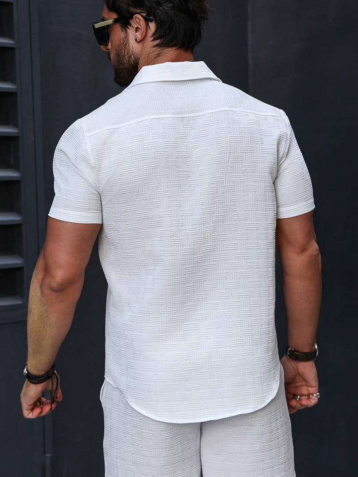 Men’s Two-Piece Set – Textured Weave – Classic Fit – Short Sleeve Shirt & Mid-Thigh Shorts