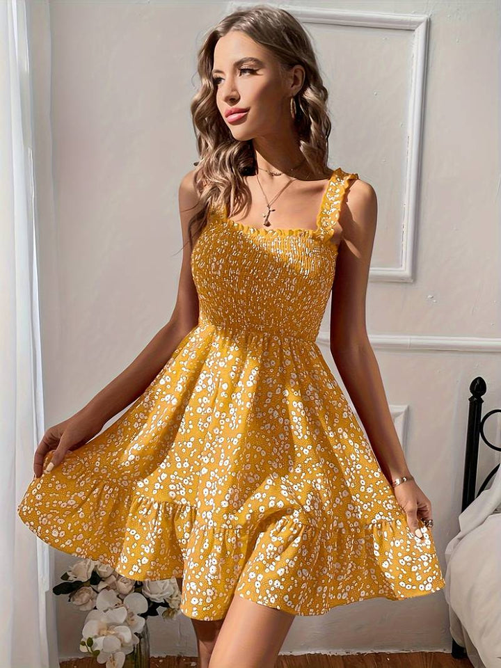 Women's Sundress - Smocked Bodice - A-Line Silhouette - Wide Straps - Floral Print