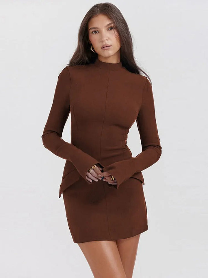 Women's Mini Dress - Tailored Fit - Long Sleeve Bell Cuffs - High Neck Elegant Style