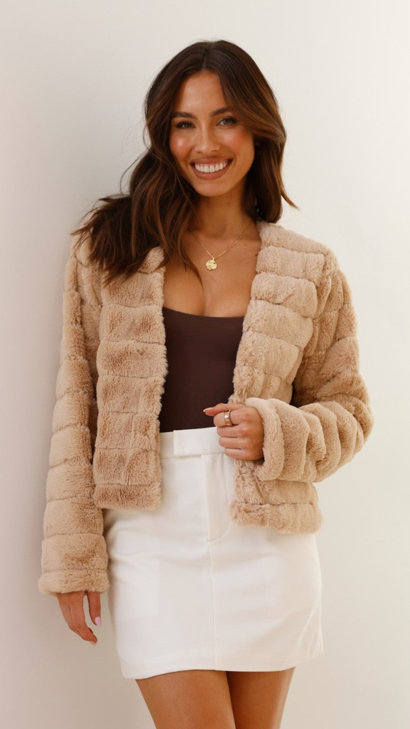 Women’s Crop Jacket - Faux Fur - Quilted Open Front - Structured Fit Cozy Layer