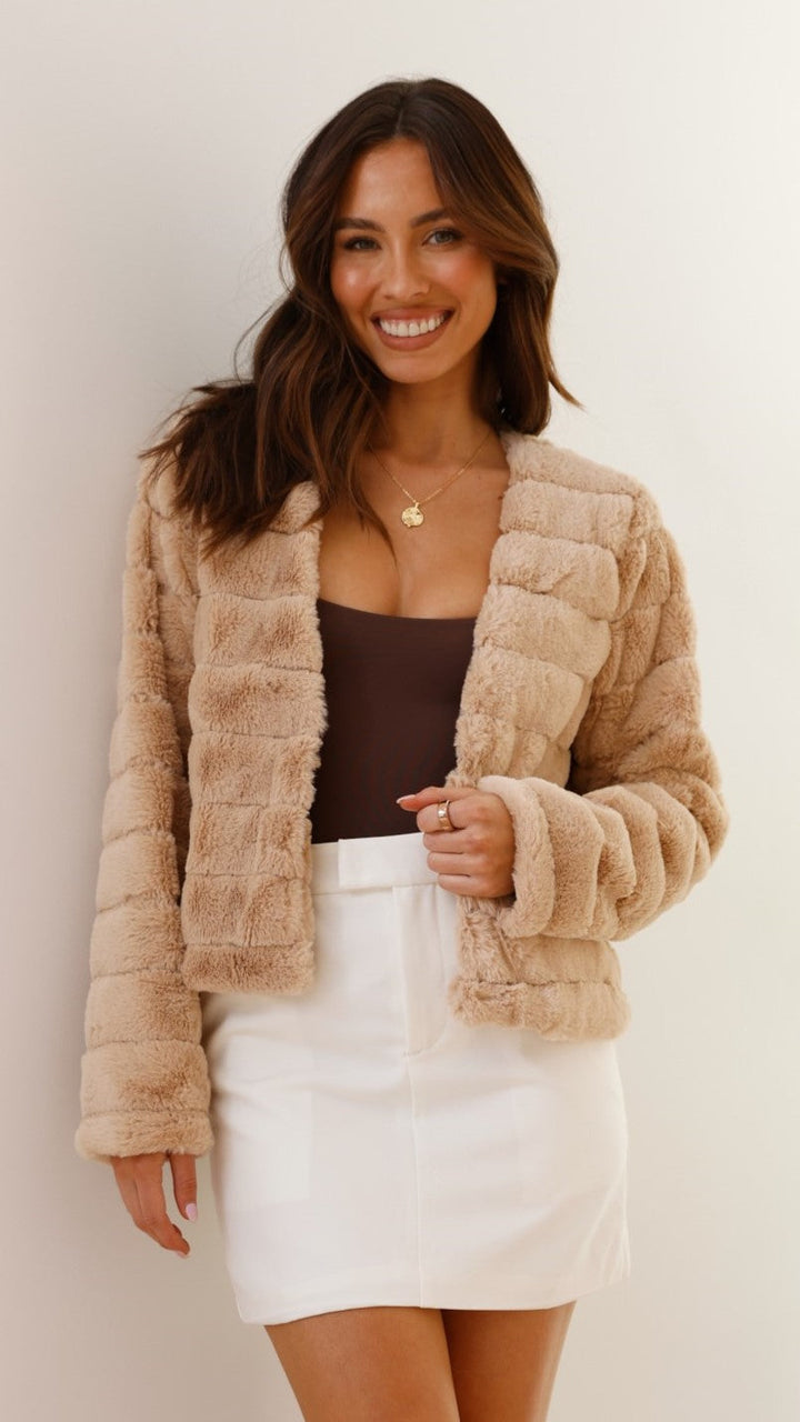 Women’s Crop Jacket - Faux Fur - Quilted Open Front - Structured Fit Cozy Layer