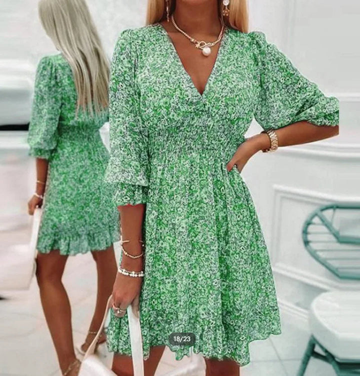Women’s Mini Dress – Relaxed Fit – Smocked Waist – V-Neck – Ruffled Hem – Breathable Blend