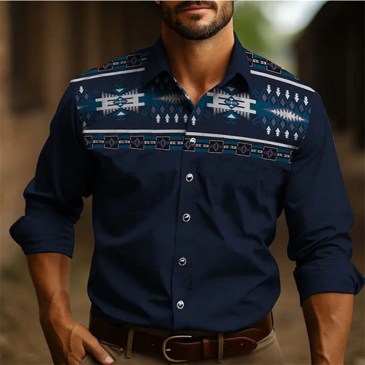 Men’s Button-Down Shirt – Tailored Fit – Long Sleeve – Retro Geometric Design – Breathable Fabric