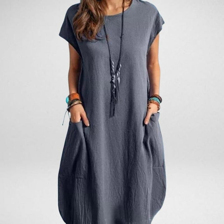 Women’s Long Dress – Breathable Blend – Relaxed Fit – Short Sleeve with Pockets