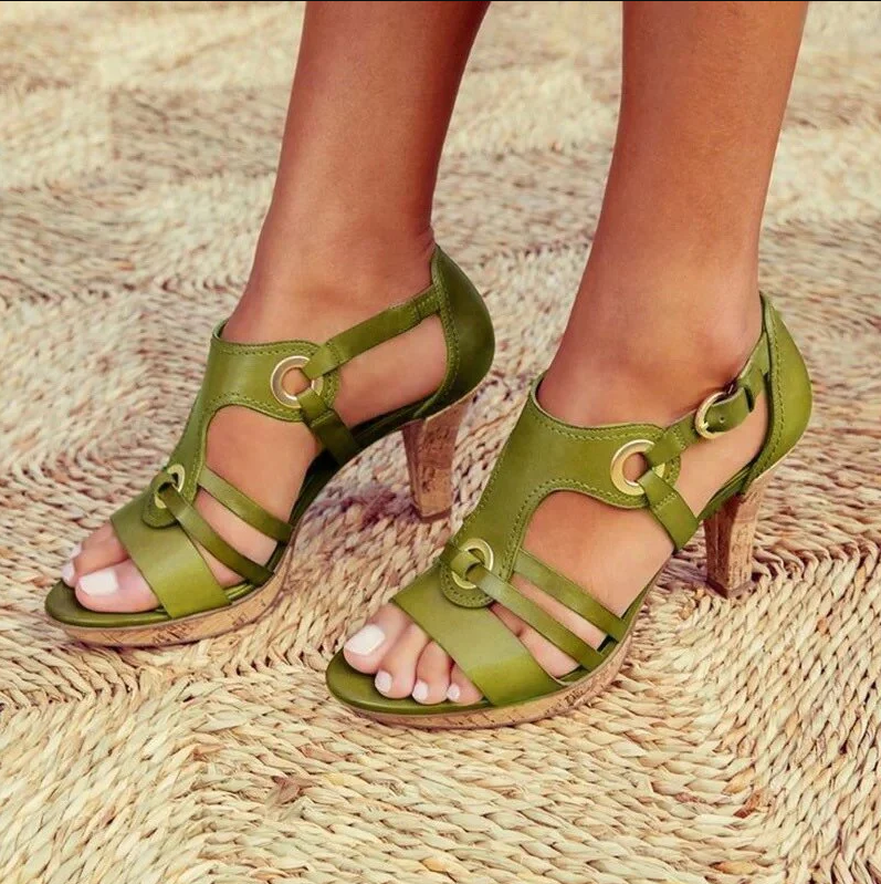 Women’s Sandals – Open Toe Block Heel – Cork Sole – Modern Multi-Strap with Grommets