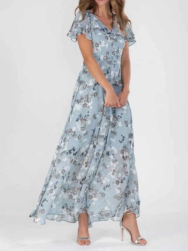 Women's Maxi Dress - Floral Print - V-Neck - Short Flutter Sleeves - Flowy Relaxed Fit