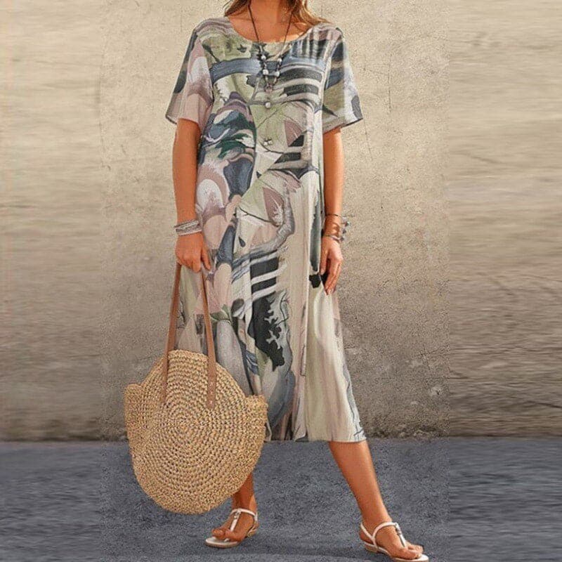 Women’s Midi Dress – Relaxed Fit – Short Sleeve – Breathable Blend – Abstract Print