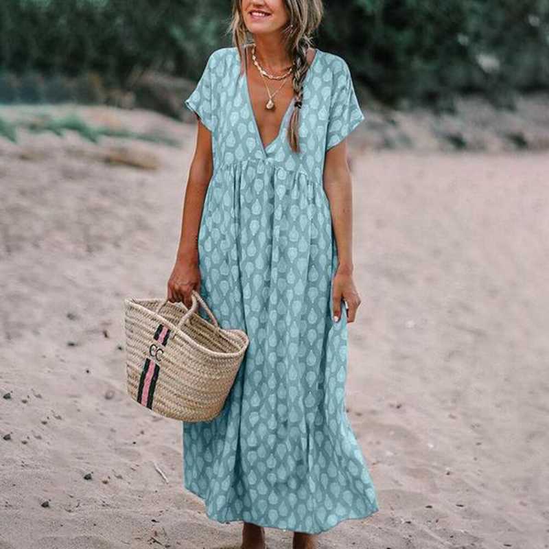 Women’s Maxi Dress - Natural Fibers - Relaxed Fit - V-Neck - Short Sleeve Flowing Silhouette
