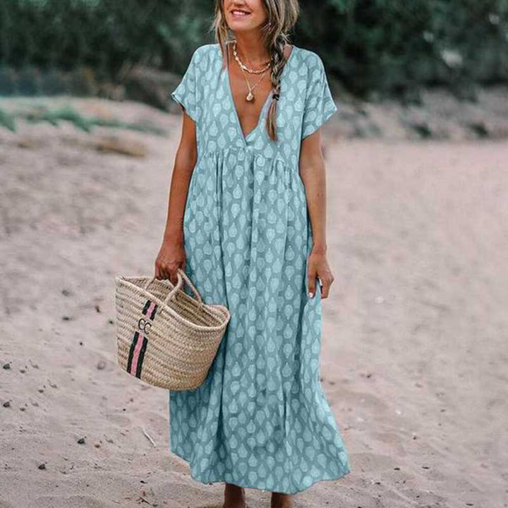 Women’s Maxi Dress - Natural Fibers - Relaxed Fit - V-Neck - Short Sleeve Flowing Silhouette