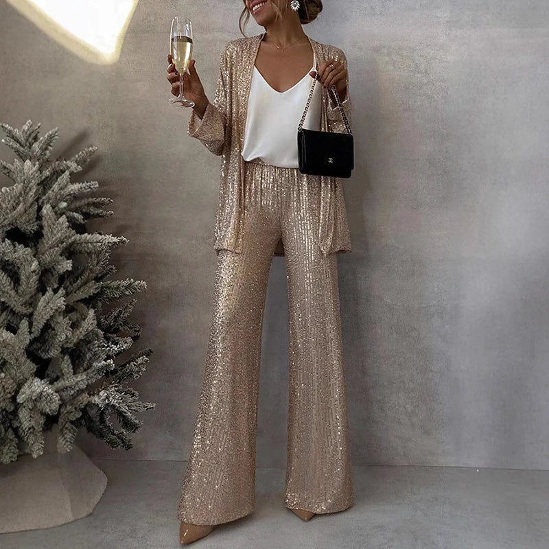 Women’s Two-Piece Set – Sequin Jacket – High-Waisted Wide-Leg Pants – Elegant Fit