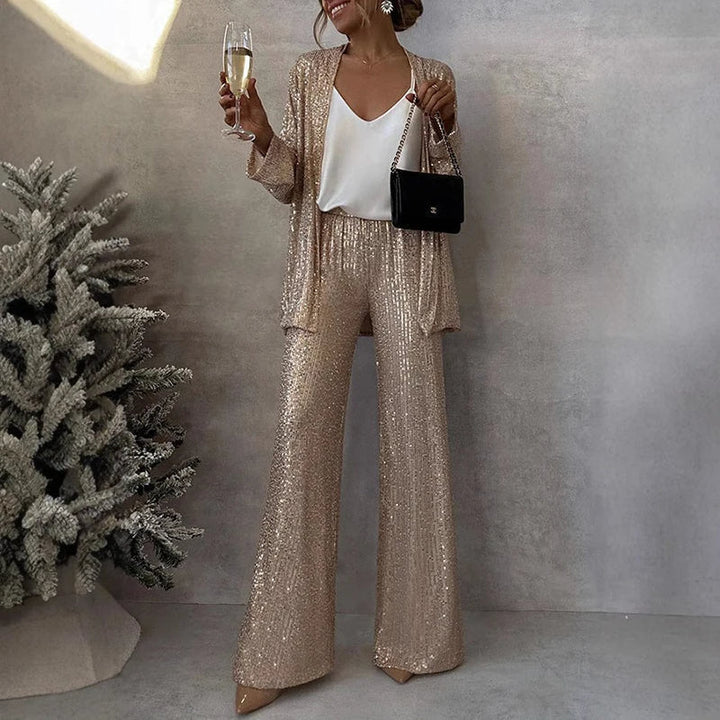 Women’s Two-Piece Set – Sequin Jacket – High-Waisted Wide-Leg Pants – Elegant Fit