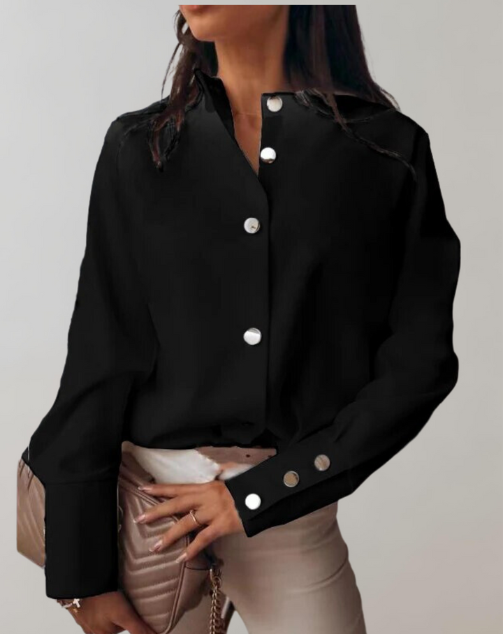 Women’s Blouse – Relaxed Fit – Stand Collar – Button Front – Breathable Blend – Full Sleeve