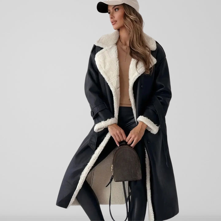 Women's Belted Trench Coat – Oversized Fit – Shearling Lined – Double Breasted Closure