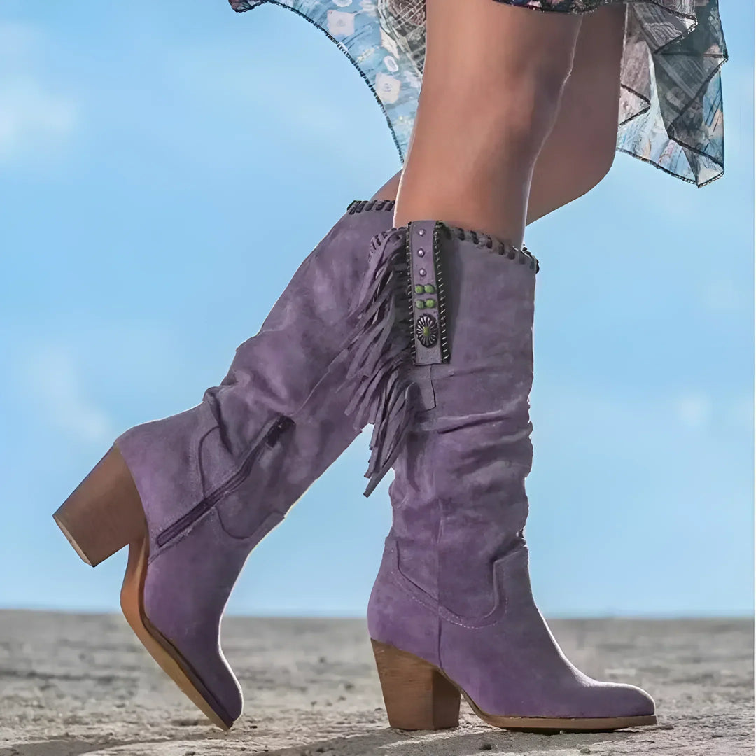 Women’s Mid-Calf Boots – Suede – Fringe Detail – Block Heel – Boho Western Style