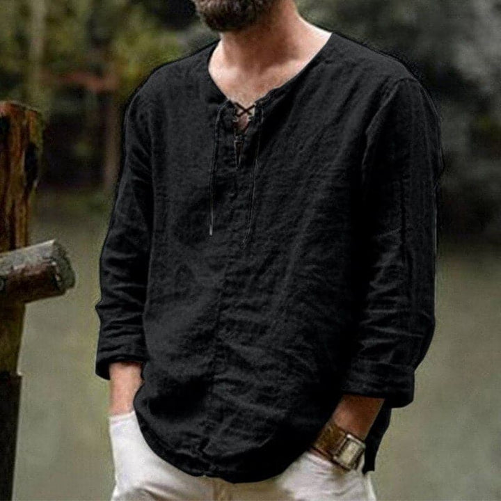 Men’s Long Sleeve Shirt – Natural Fibers – Relaxed Fit – Lace-Up Neckline Casual Style