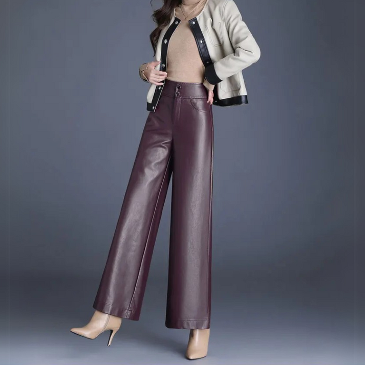 Women’s Leather Trousers - High Waist - Wide Leg - Relaxed Fit - Full Length