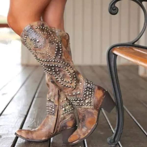 Women’s Knee-High Boots – Rivet Detail – Thick Heel – Side Zipper