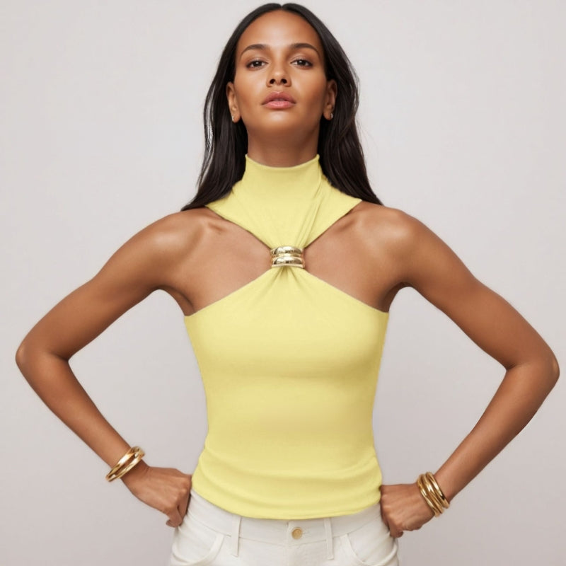 Women’s Tank Top - Soft Knit - Slim Fit Halter Neck - Metal Ring Detail - Breathable Fabric