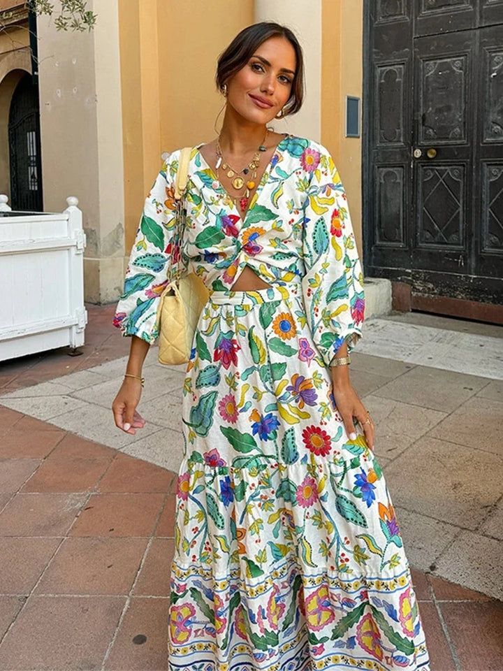 Women's Maxi Dress - V-Neck Twist Front - Long Puff Sleeves - Floral Bohemian Style
