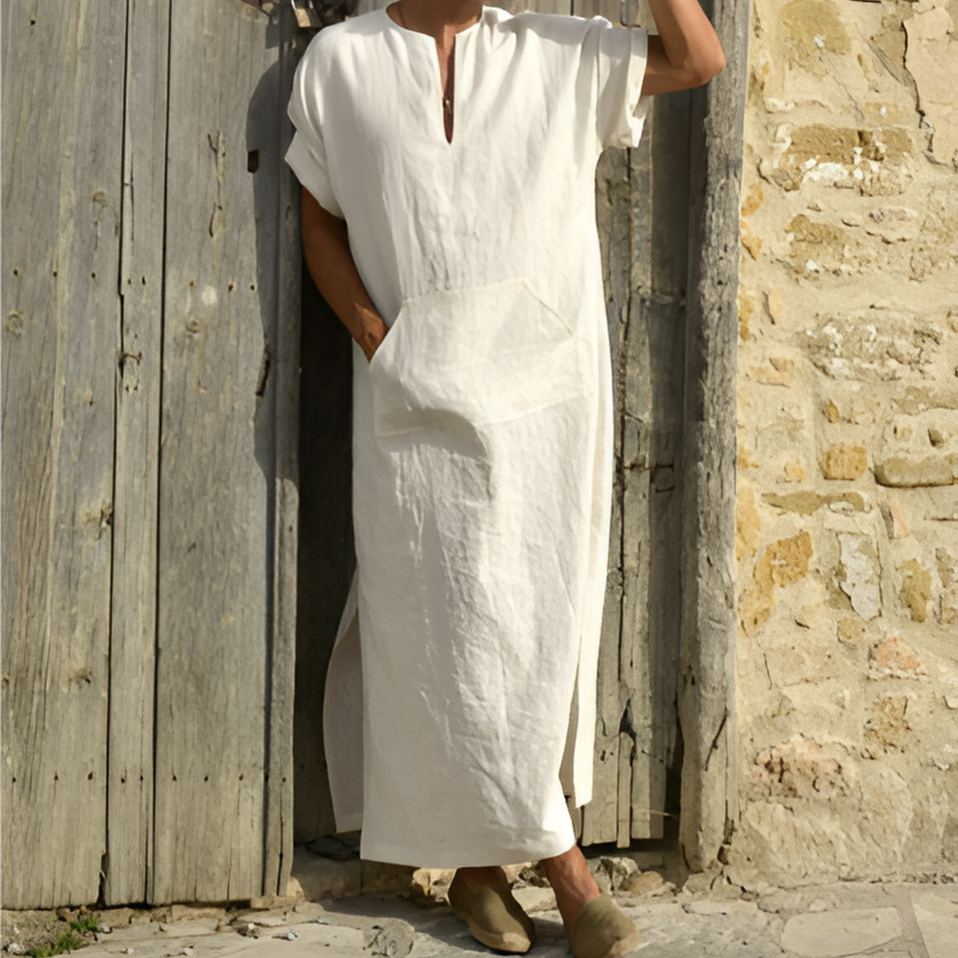 Men’s Long Shirt Dress – Relaxed Fit – Breathable Blend – V-Neck – Short Sleeve – Slit Hem