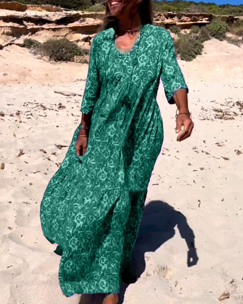 Women’s Maxi Dress – Loose Fit – Breathable Blend – V-Neck – Boho Style – Elbow Sleeve