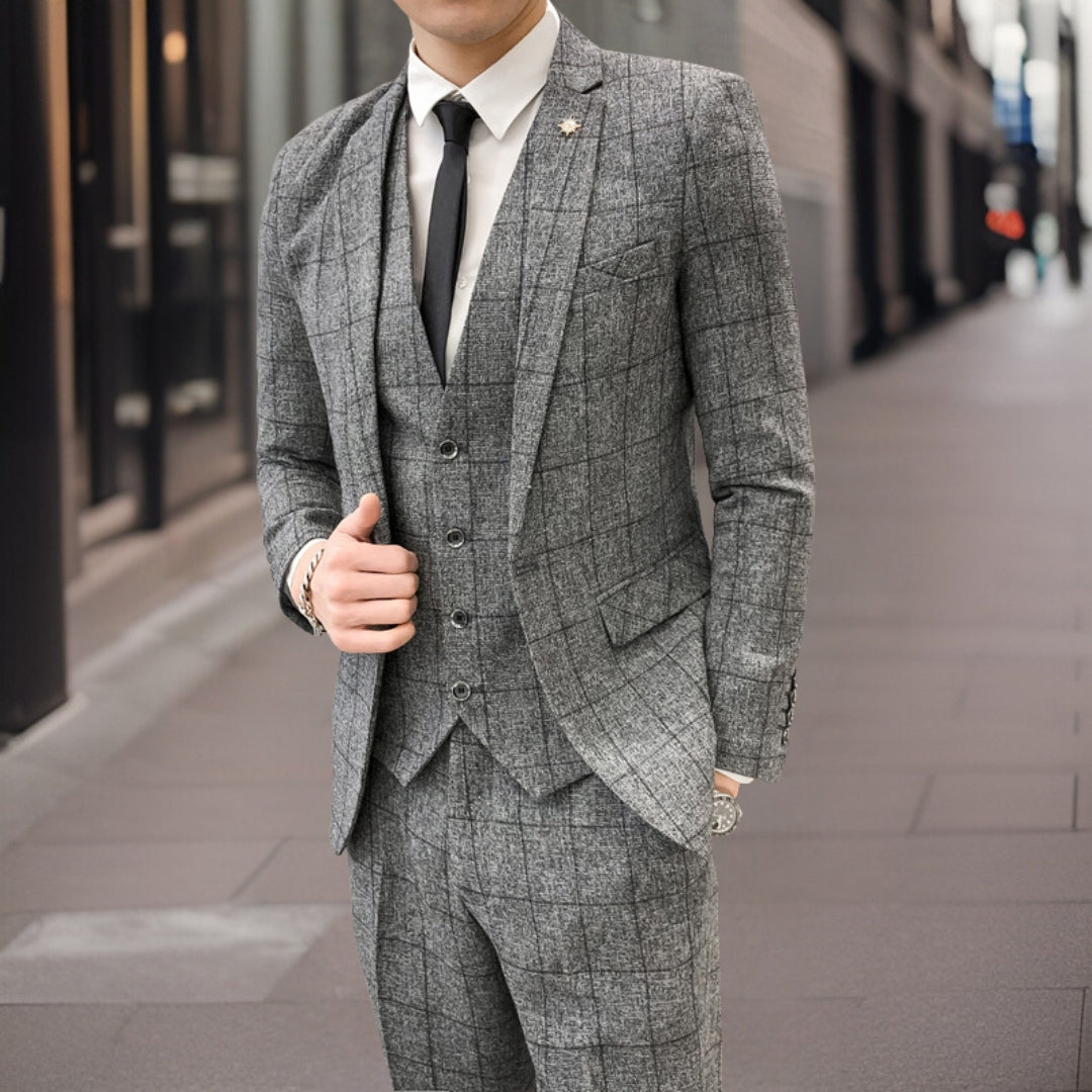 Men’s 3-Piece Suit – Slim Fit – Grid Pattern – Tailored Wool Blend – Formal Wear