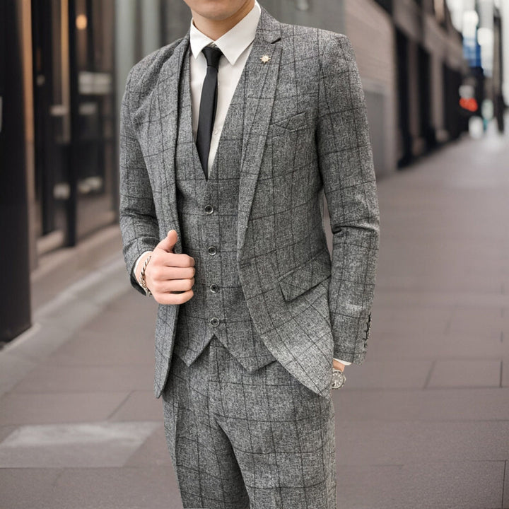Men’s 3-Piece Suit – Slim Fit – Grid Pattern – Tailored Wool Blend – Formal Wear