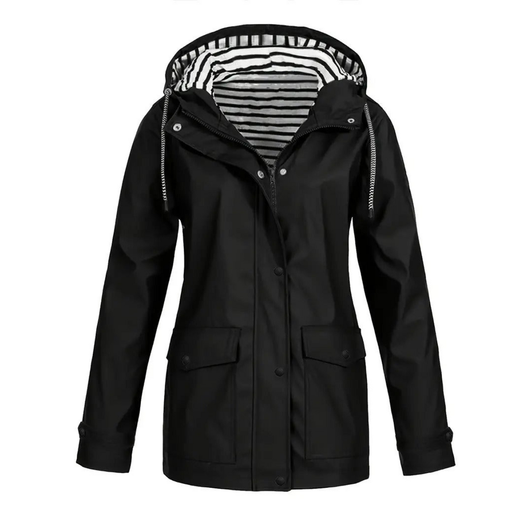 Women’s Raincoat – Relaxed Fit – Adjustable Hood – Button Front – Mid-Length Waterproof