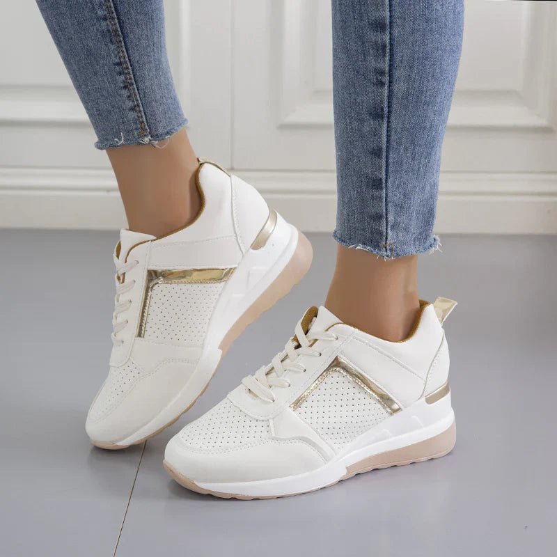 Women’s Wedge Sneakers – Perforated Detailing – Lace-Up – Platform Sole – Casual Comfort