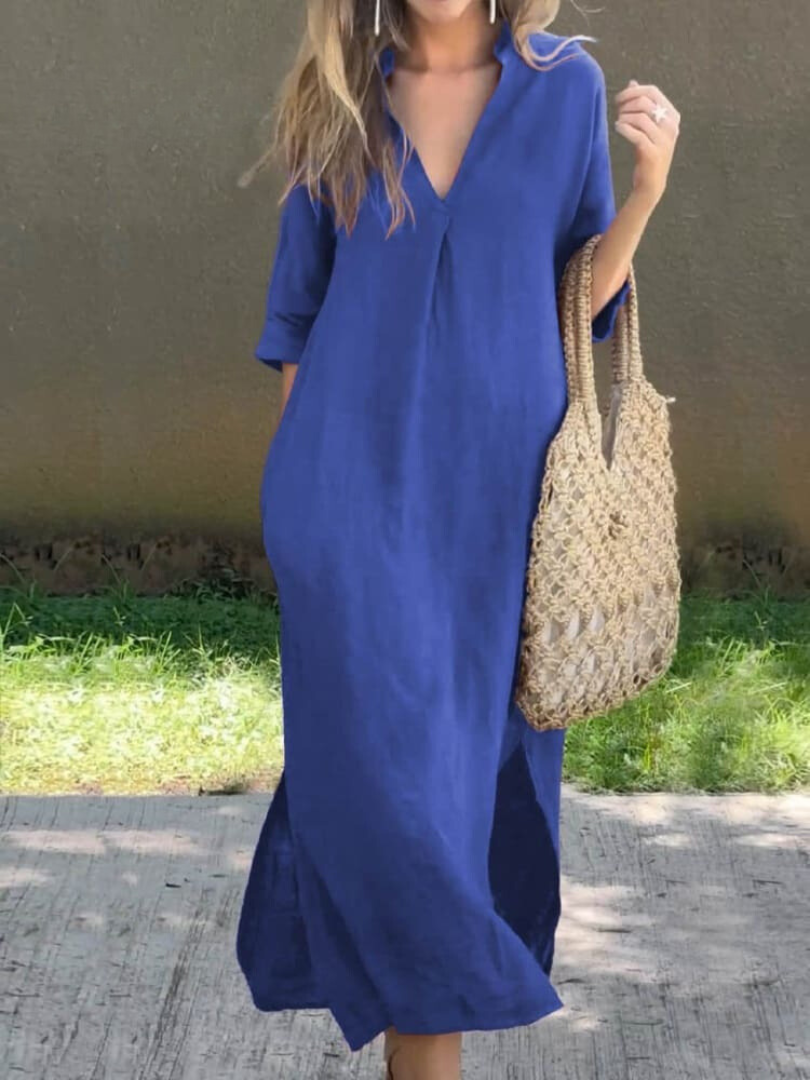 Women’s Maxi Dress - Relaxed Fit - V-Neck - Three-Quarter Sleeve - Breathable Blend