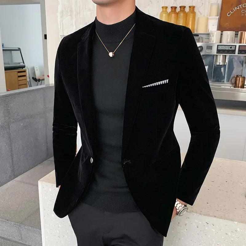 Men’s Blazer – Slim Fit – Velvet Finish – Single Button – Structured Formal Style