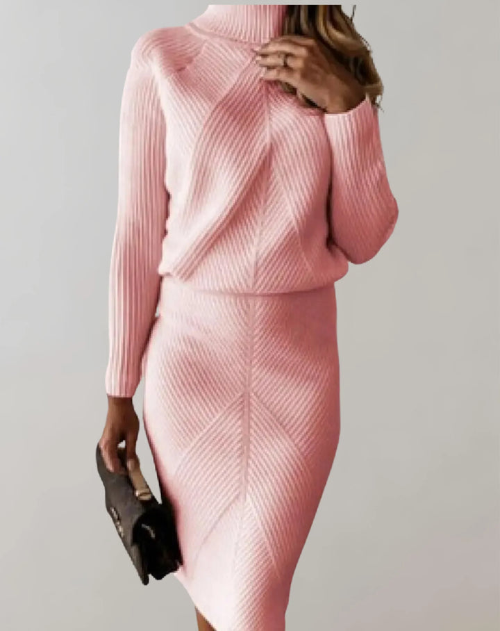 Women’s Two-Piece Set – Ribbed Knit – Slim Fit – Turtleneck Sweater & Midi Skirt