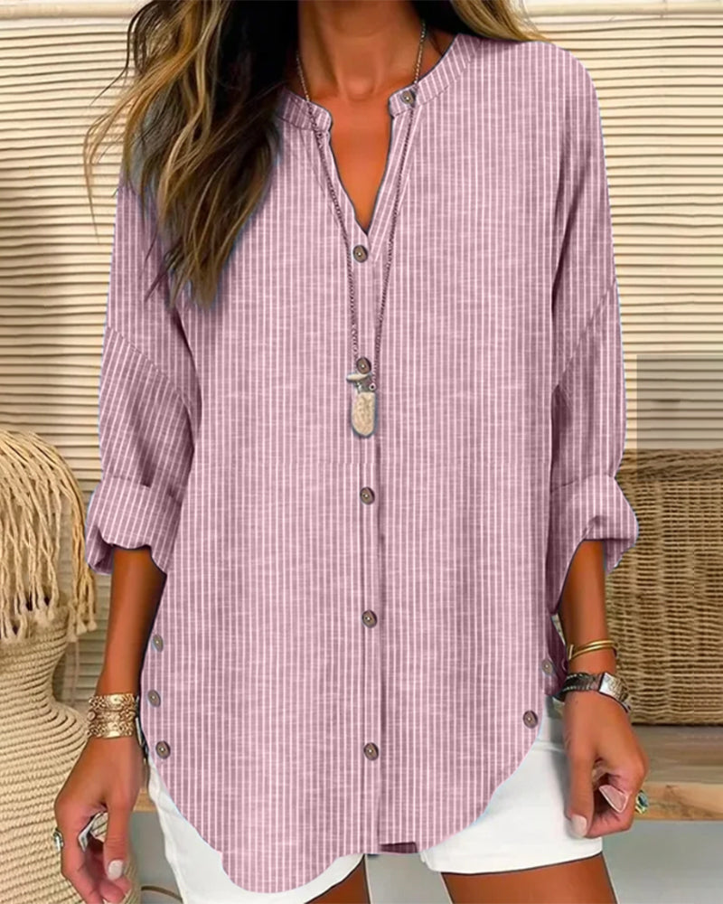 Women’s Blouse – Relaxed Fit – Striped Pattern – V-Neck – Button Front – Breathable Blend