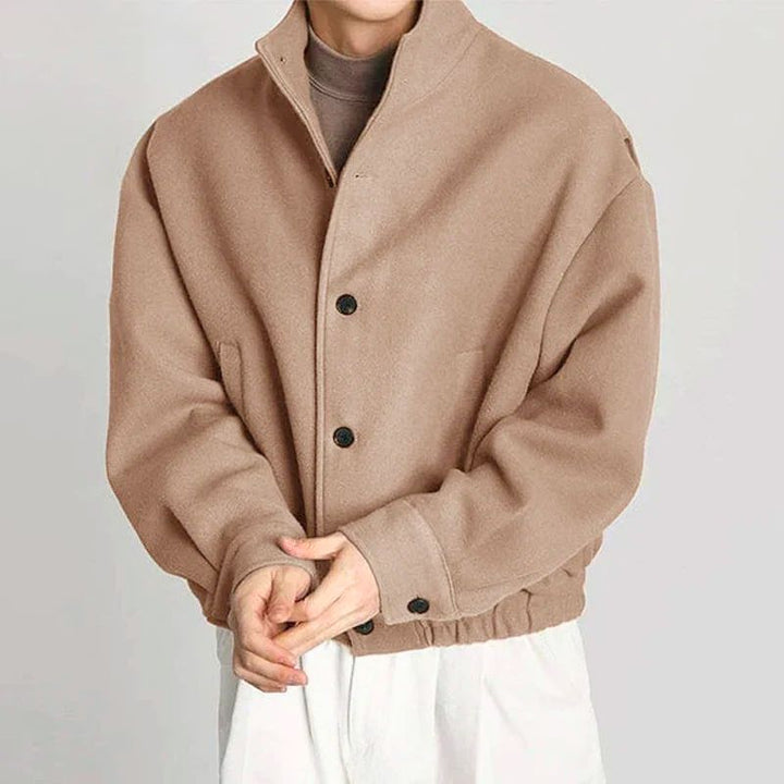 Men’s Jacket – Relaxed Fit – Soft Textured Fabric – High Collar – Button Front Closure