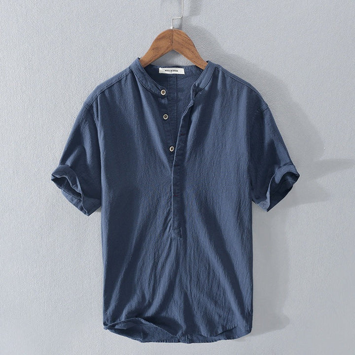Men’s Short Sleeve Shirt – Relaxed Fit – Mandarin Collar – Natural Fibers – Casual Style