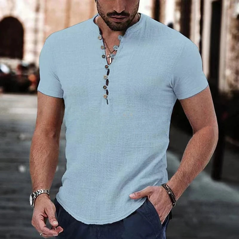 Men’s Short Sleeve Shirt – Slim Fit – Breathable Blend – Button Neck Casual Style