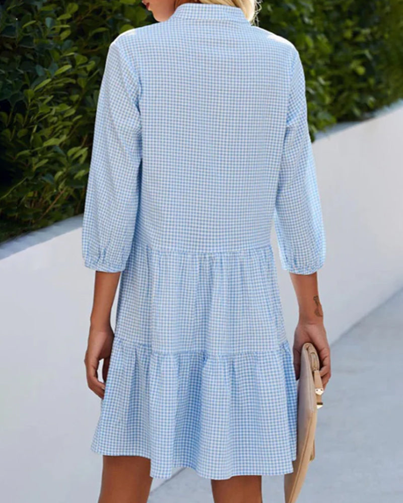 Women’s A-Line Dress – Natural Fibers – Checked Pattern – Tiered Hem – Button Front – 3/4 Sleeve