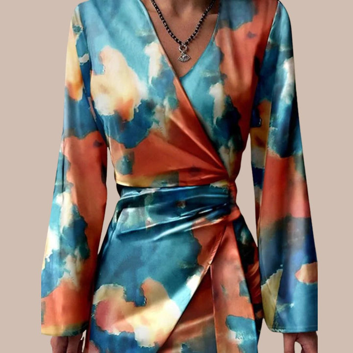 Women's Wrap Dress - V-Neck - Long Sleeve - Text Print - Elegant Fit