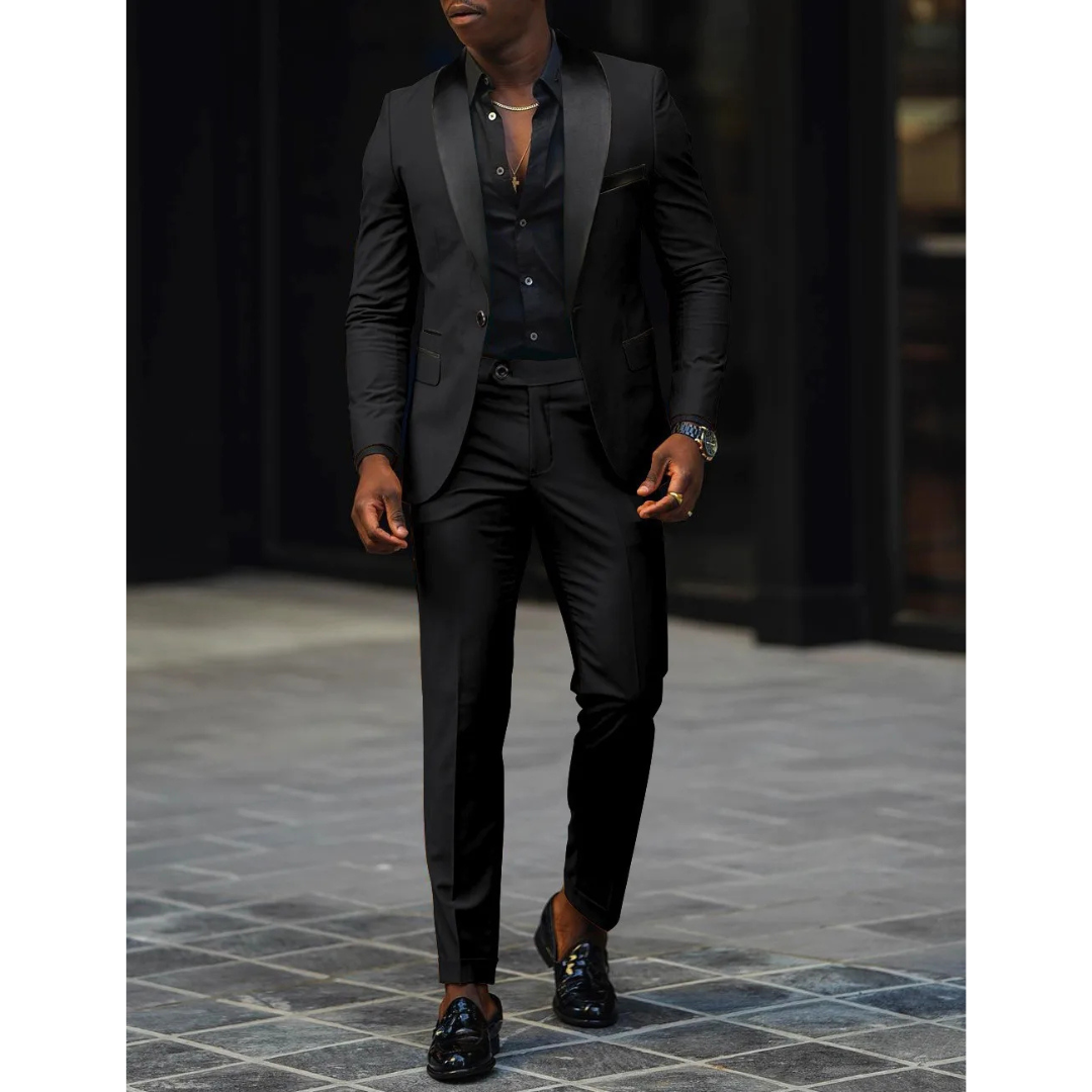 Men’s Slim Fit Suit – Tailored Two-Piece Set – Satin Shawl Lapel – Formal Wool Blend