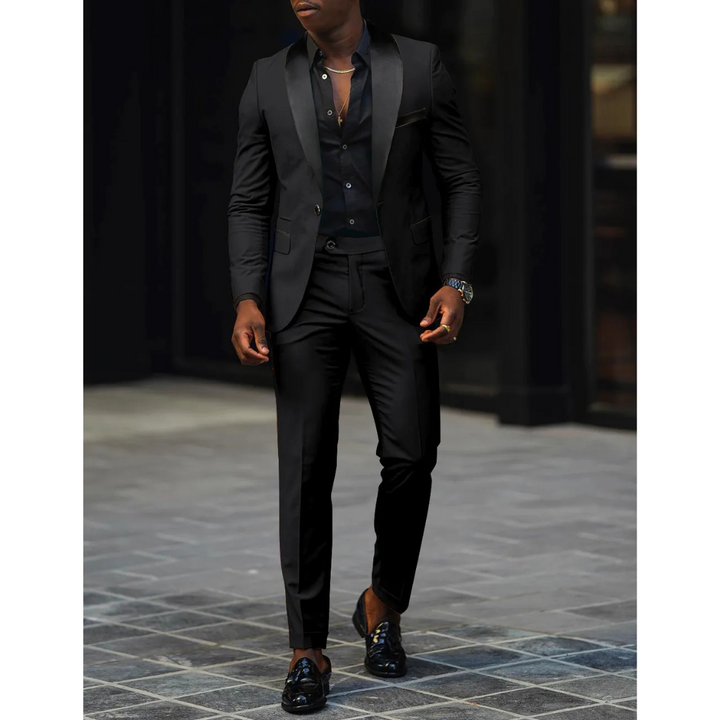 Men’s Slim Fit Suit – Tailored Two-Piece Set – Satin Shawl Lapel – Formal Wool Blend
