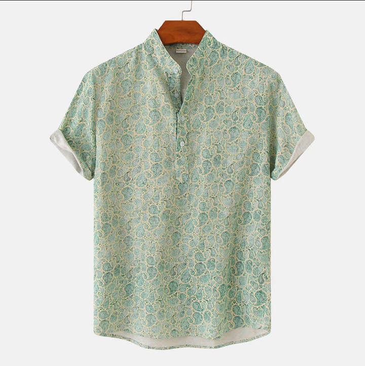Men’s Short Sleeve Shirt - Relaxed Fit - Breathable Blend - Mandarin Collar - Floral Print