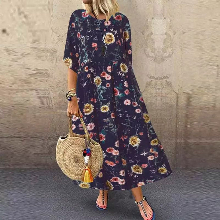 Women's Maxi Dress – Relaxed Fit – Breathable Blend – Short Sleeve – Floral Pattern