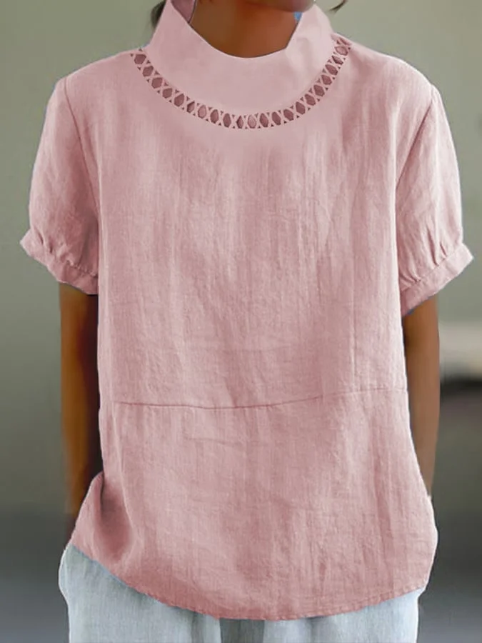 Women’s Blouse – Relaxed Fit – Short Sleeve Rolled Cuffs – Decorative Neckline – Breathable Blend
