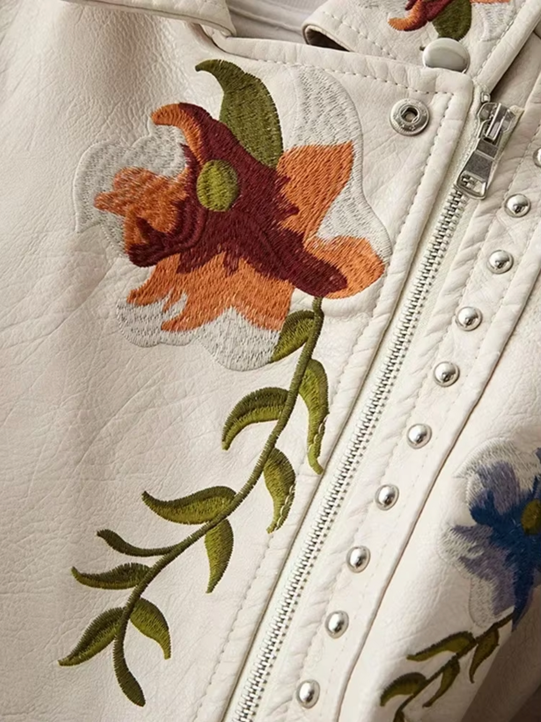 Women’s Biker Jacket – Tailored Fit – Embroidered Floral – Studded Detailing – Cropped Style