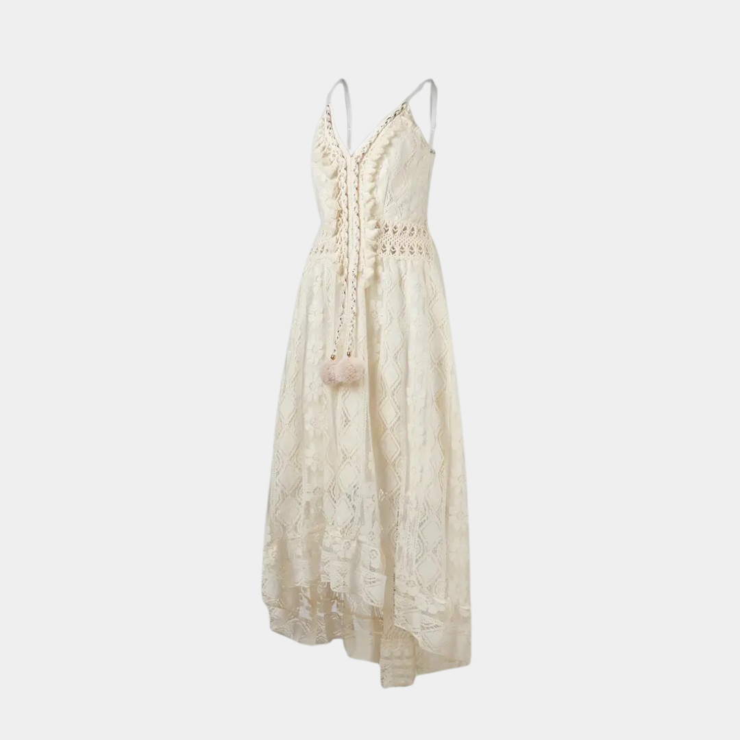 Women’s Midi Dress - Relaxed Fit - Lace Detailing - Spaghetti Straps - Boho Style